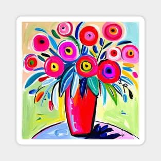 Cute Abstract Flowers in a Pink Vase Still Life Painting Magnet