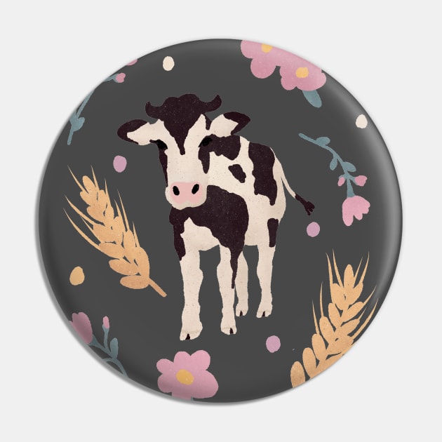 Cow Portrait with Wheat and Flowers Pin by Annelie