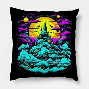 Haunted Castle On A Psychedelic Dreamscape Hill Pillow