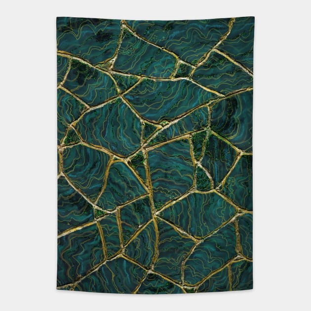 Malachite Kintsugi Broken Art Green and Gold Tapestry by ArtisticEnvironments