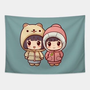 Kawaii girls with cute winter coats Tapestry