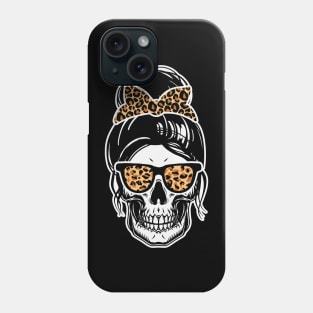 Skull With Messy Bun Wearing Leopard Print Shades and Scrunchie Phone Case