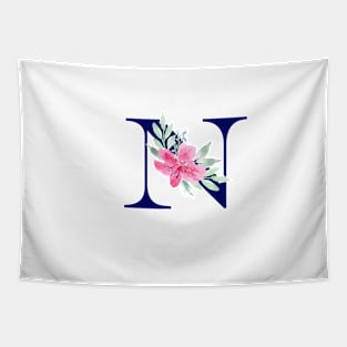 Watercolor Floral Letter N in Navy Tapestry