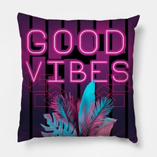 Tropical Summer Neon Good Vibes Aesthetic with Monsteras Palm and Banana Leaves Pillow