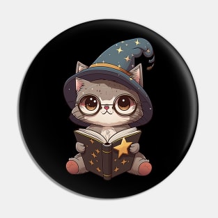 Magical Cat with a Spellbook - Adorable Magic Cat Cartoon Pin