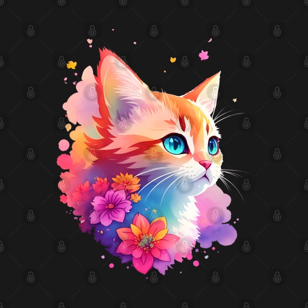 Colorful Watercolor Cute Cat by PlayfulPrints