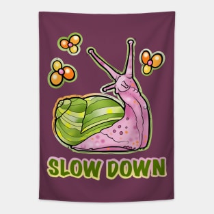 Slow down, cute snail stopping to smell the flowers Tapestry