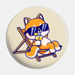 Cute Shiba Inu Dog Relaxing On Bench And Drink Orange Juice Cartoon Pin