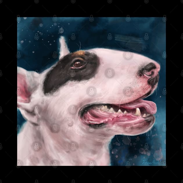 Painting of a Bull Terrier With Black Spot on Eye and Tongue Out on Dark Blue Background by ibadishi