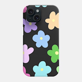 Colorful Pastel Cartoon Floral Print on a Black Backdrop, made by EndlessEmporium Phone Case