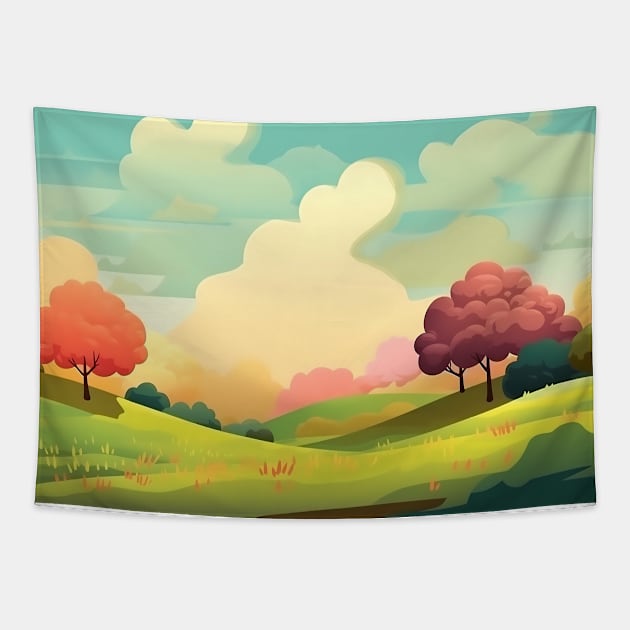 Abstract landscape with hills and trees and cloudy sky. Tapestry by osadchyii