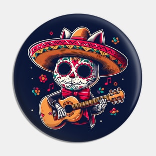 Guitar-Playing Day of the Dead Cat Pin