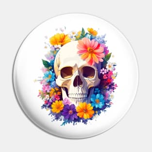 Yet Another Skull With Flowers 2! - Watercolor - AI Art Pin