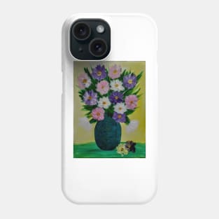 Some abstract flowers in purple and pink in a turquoise and gold vase . Phone Case