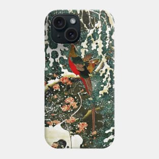 Pheasants in the Snow with Pine Tree and Roses Phone Case