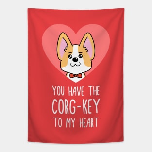 "Corg-key To My Heart" Valentines Corgi Pun Tapestry