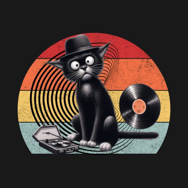 Funny Black Cat Listening To Vinyl Record Player Music by Positive Designer