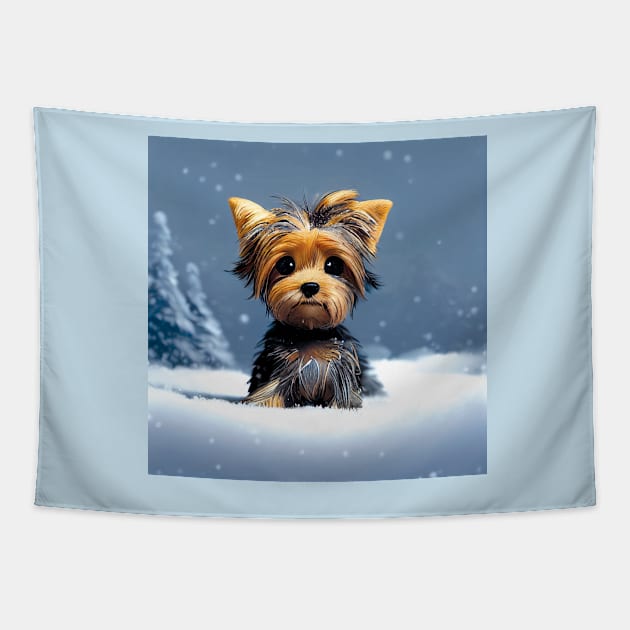 Cute Yorkshire Terrier Puppy in the winter snow Tapestry by Geminiartstudio