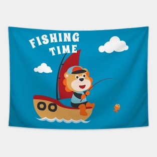 Vector cartoon illustration of cute lion fishing on sailboat with cartoon style. Tapestry