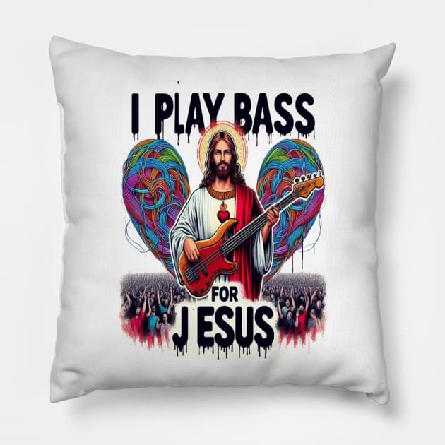 Jesus Depicted as a Bass Guitarist Performing for a Cheering Crowd Pillow by coollooks
