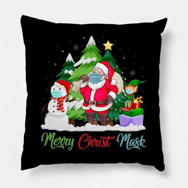 Merry Christmask 2020 Santa Claus Elf And Snow Man Wearing Mask Pillow by GreatDesignsShop