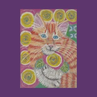 Ginger orange cat yellow flowers T-Shirt