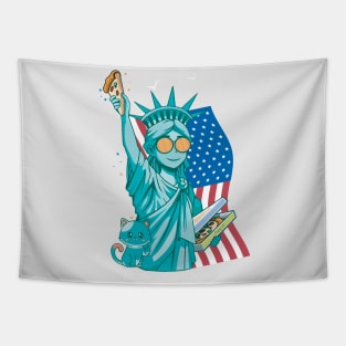 4th Of July, Statue of Liberty With U.S Flag and A lovely little Cat For National Pizza Day 2023 Tapestry