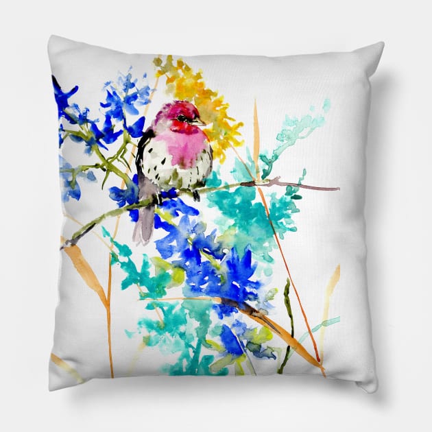 House Finch And Wild flowers Pillow by surenart