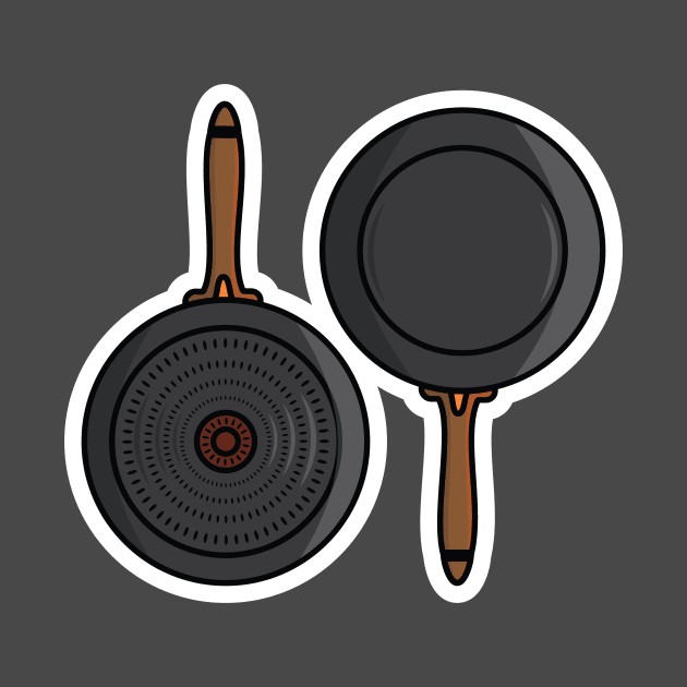 Fry Pan Front side and back side sticker design vector illustration. Kitchen food equipment object icon concept. Cooking food pan sticker vector design. by AlviStudio