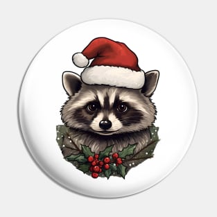Santa hat Raccoon with holly Pin