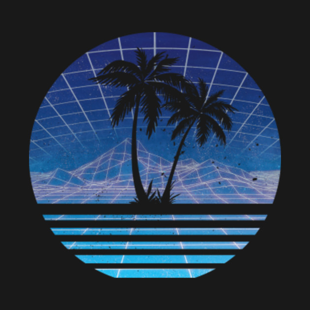 Retro 80s Outrun Sunset Palm Tree Silhouette Blue