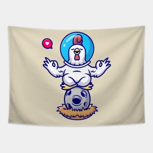 Cute Chicken Astronaut Meditation On Egg Moon Cartoon Tapestry