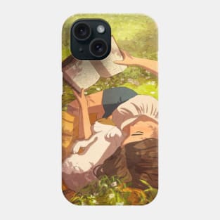 Girl reading book with cat laying on grass Phone Case