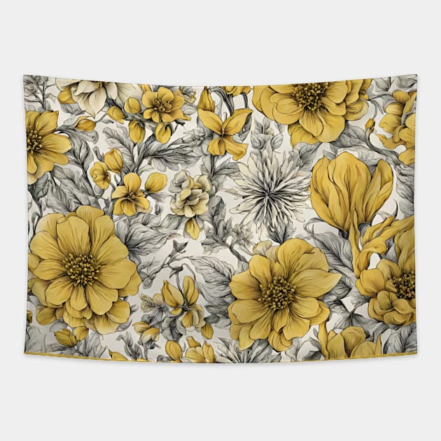 white background with yellow flowers Tapestry by misspoppie1914