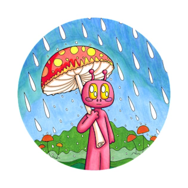 Alien Holding Mushroom Umbrella In The Rain - Circle by JadedOddity