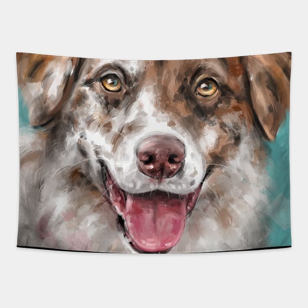 An Expressive Painting of a Brown and White Australian Shepherd Smiling Tapestry by ibadishi