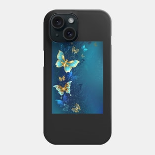 Golden Butterflies on Blue Background Phone Case