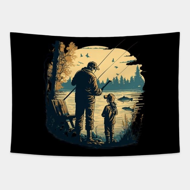 father with his daughter, Fishing Tapestry by Art ucef
