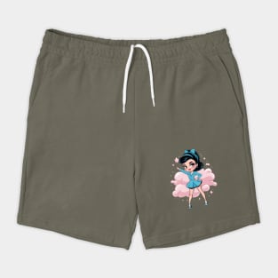 stylized cartoon  of Anime princess with large eyes, blue hair, and ballet attire, wearing a tiara Shorts