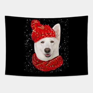 German Shepherd Wearing Red Hat And Scarf Christmas Tapestry