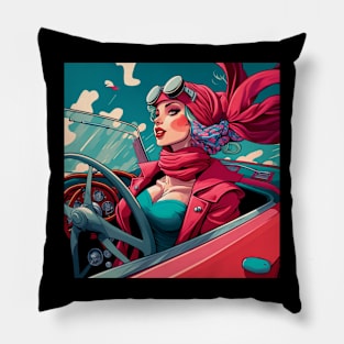 Beautiful woman driving in her convertible with her scarf blowing in the wind. Pillow