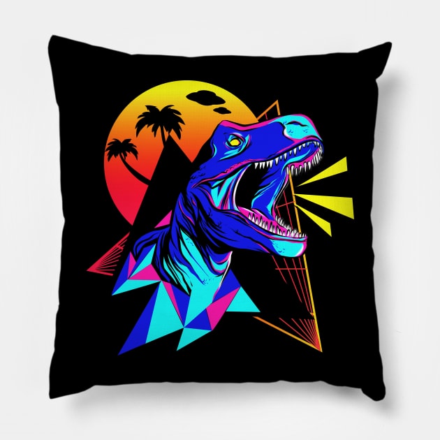 T-Rex Dinosaur UFO Spaceship Retrowave Outrun Vaporwave 80s Pillow by Sassee Designs