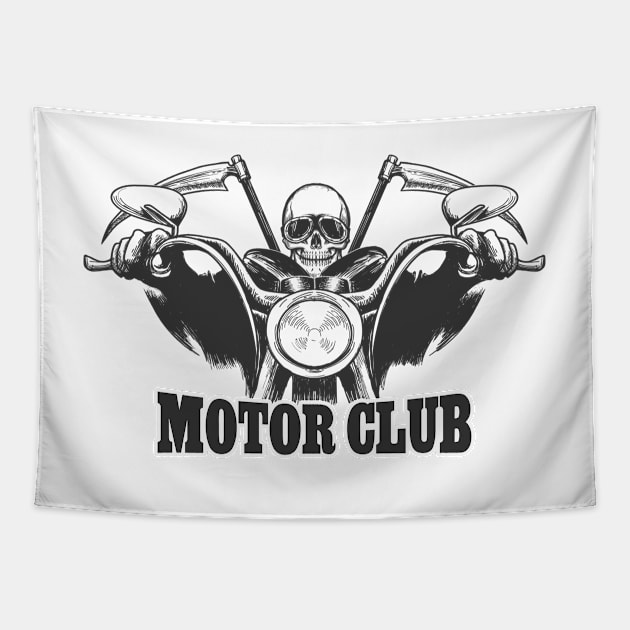 Motor Club Emblem Death on a motorcycle in  glasses  with scythes Tapestry by devaleta