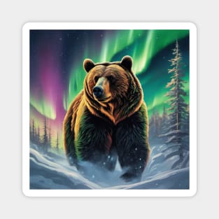 Brown Bear with Forest and Borealis, Colorful, Beautiful Magnet