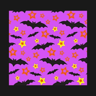 Happy Halloween Bats and Stars Purple Spooky Funny Pattern T-Shirt