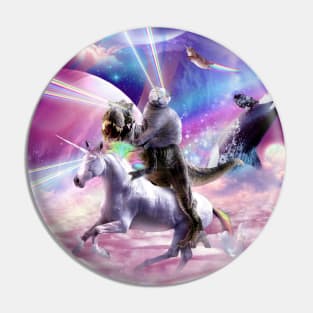 Laser Eyes Space Cat On Dinosaur Unicorn - Rainbow Pin