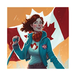True North Strong and Free - Canadian woman proudly showing the flag. T-Shirt