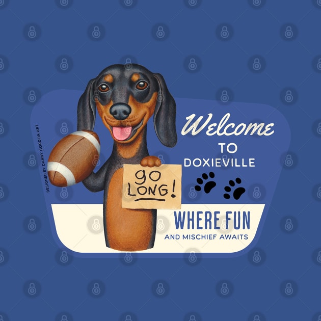 Fun Doxie Dog throwing a football and going long by Danny Gordon Art