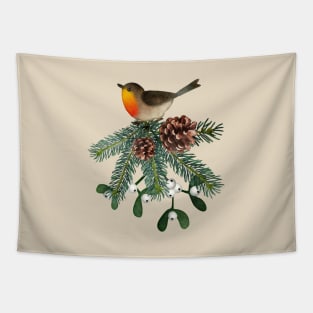 Song Bird Tree Branch Evergreen Pinecone Nature Lover's Tapestry