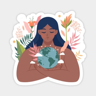 Mother Earth Dark Skinned Girl Hugging Planet Magnet